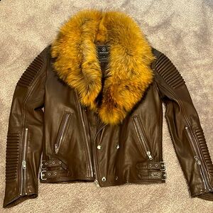 Brown Hudson Medium biker Leather jacket with brown rabbit fur